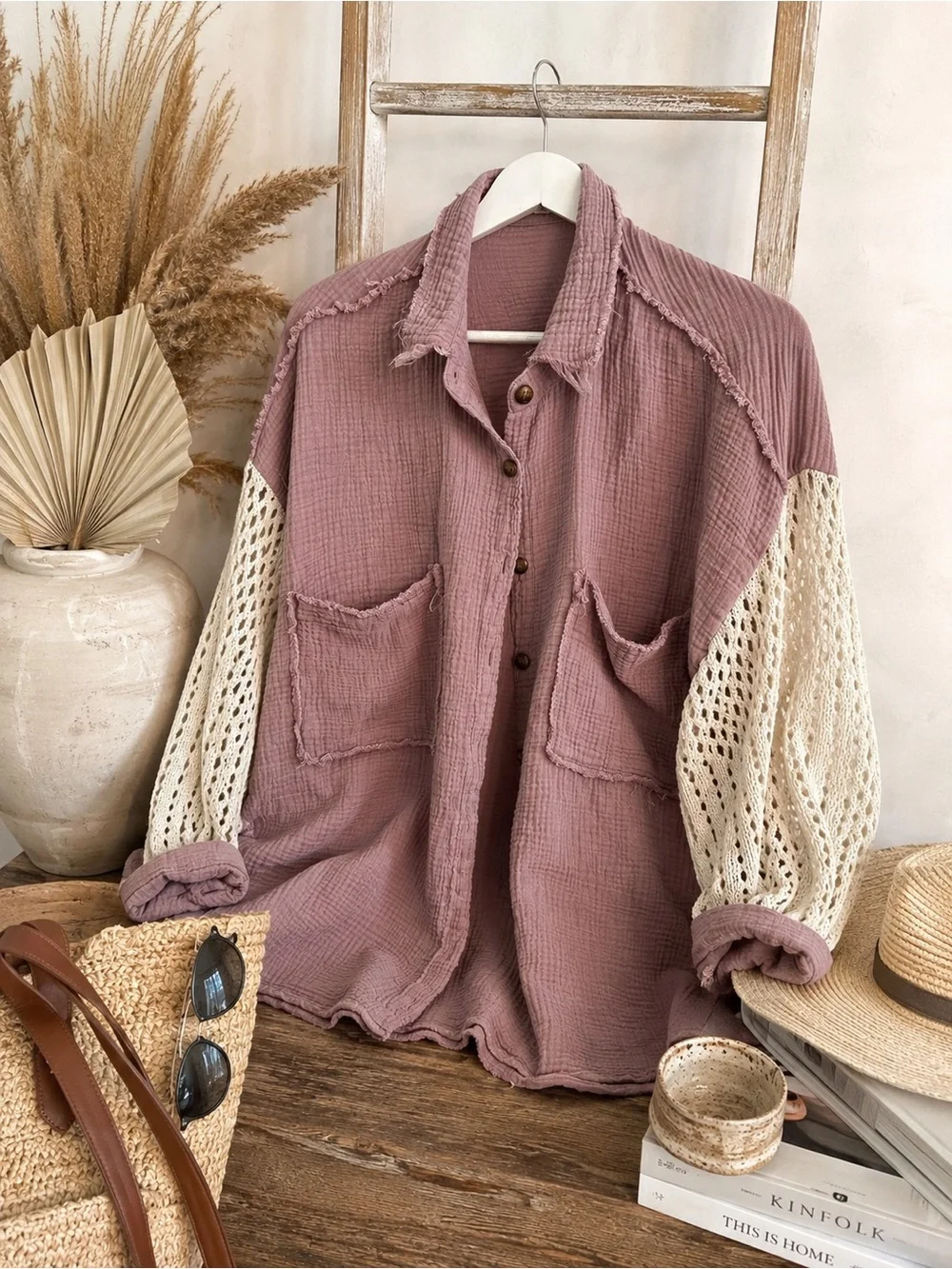 POL Mauve Gauze Crochet Sleeve Shacket Boho Oversized Button Up | Medium - Picture 2 of 8